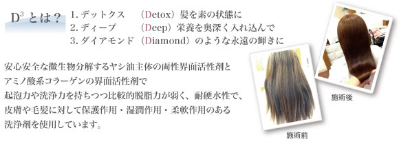 D3とは？  1.デットクス     （Detox）髪を素の状態に 2.ディープ　　  （Deep）栄養を奥深く入れ込んで 3.ダイアモンド（Diamond）のような永遠の輝きに